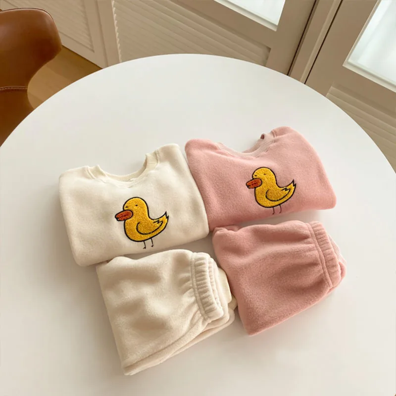 Top Trends: 2023 New Baby Winter Warm Sweatshirt + Pants 2pcs Suit Infant Boy Girl Fleece Clothes Set Kids Casual Cartoon Pullover Outfits Shoppable Styles