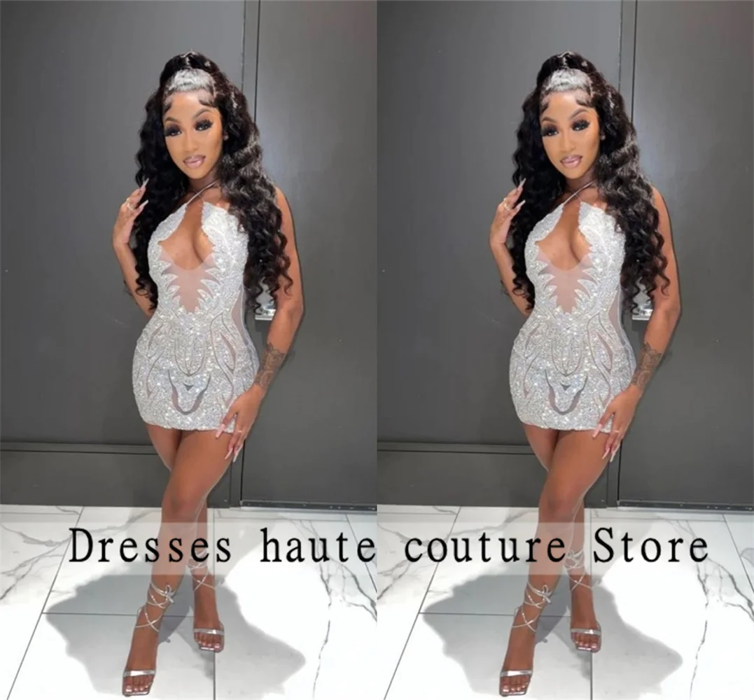 Top Trends: Sexy Silver Beaded Crystal Halter Short Prom Dresses 2024 For Black Girls Sparkly Rhinestone Cocktail Dress Birthday Party Gown Shoppable Styles