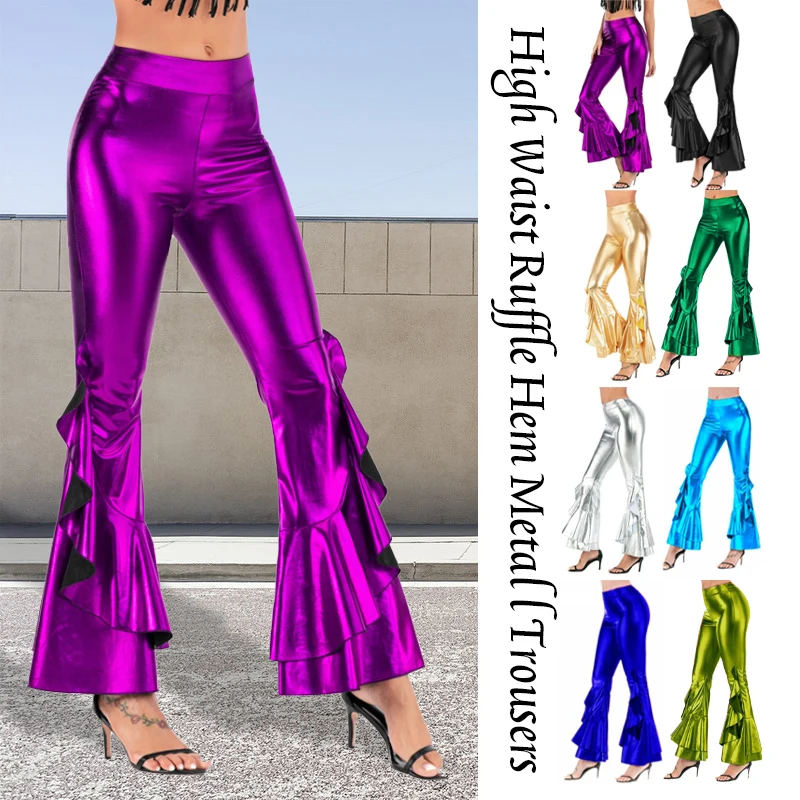 Top Trends: Women Shiny Flare Trousers Laser Metallic Wetlook Ruffle Wide Leg Pants Retro 70s Disco Hippie Club Trousers Skinny Bell Bottoms Shoppable Styles