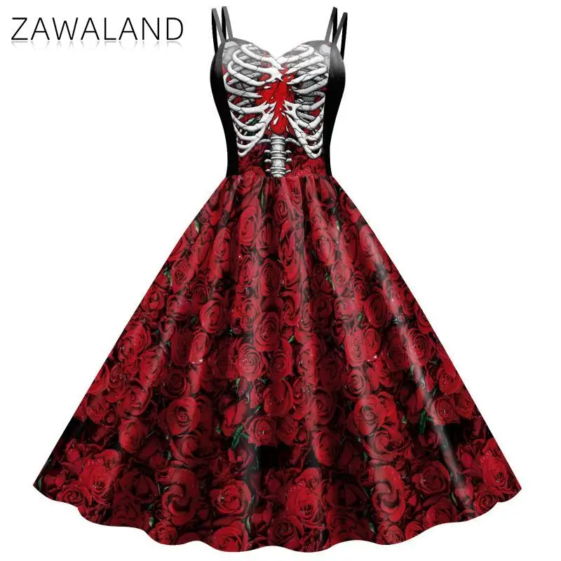 Top Trends: Zawaland Halloween Fancy Skeleton Rose Print Women Dress Girl Carnival Party Dresses Female Goth Horror Costume Rockabilly Dress Shoppable Styles