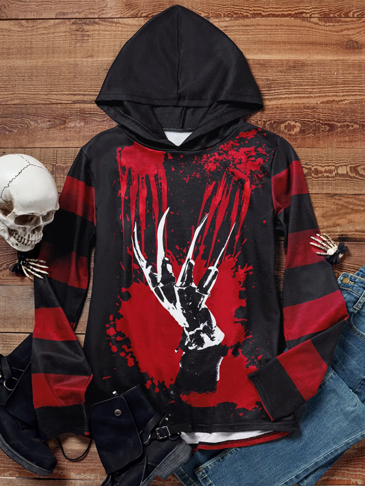 Top Trends: 2023 New Clothing Halloween Skeleton Hand Color Block Raglan Sleeve Hoodie Hip Hop Sweatshirts Pullovers Women Sweatshirts Shoppable Styles