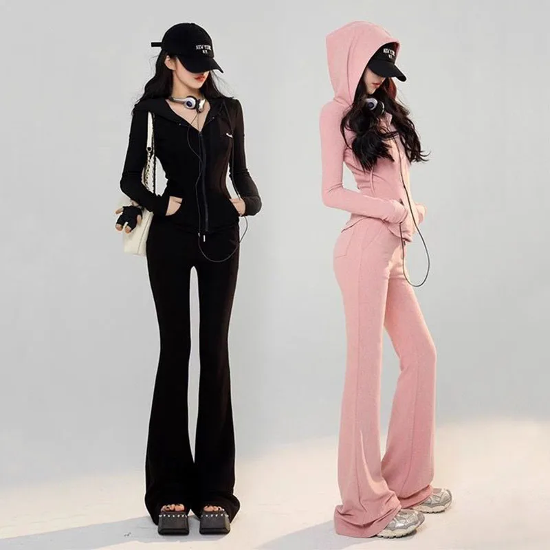 Top Trends: Hoodies 2 Piece Sets Women Tracksuit Long Sleeve Zipper Hooded Sweater Crop Top Flare Pants Stretch Matching Suit 2023 Outfit Shoppable Styles