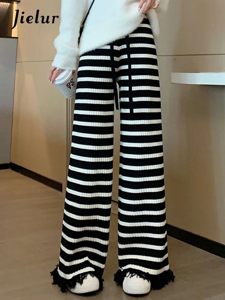 Top Trends: Jielur Striped Tassel Knitting Female Wide Leg Pants Winter New Casual Loose Simple Fashion Elastic Waist Chic Women&#039;s Trousers Shoppable Styles