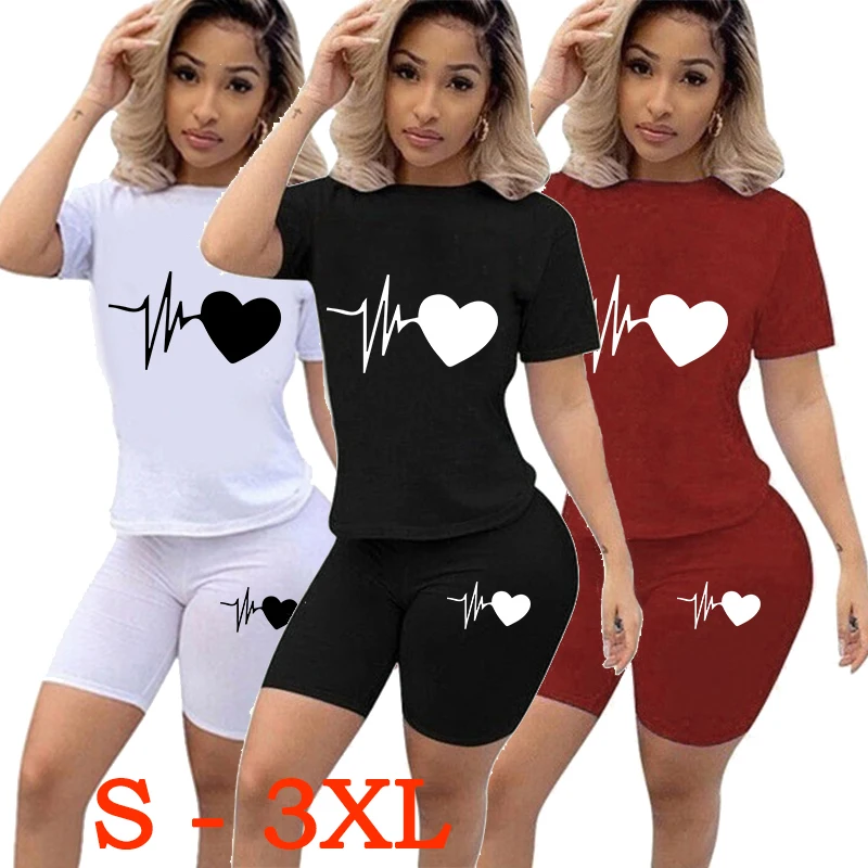 Top Trends: Summer New Women Fashion Solid Color Print 2 Piece Sets Casual Sports Suit Short Sleeve T-shirt + Shorts S-3XL Shoppable Styles