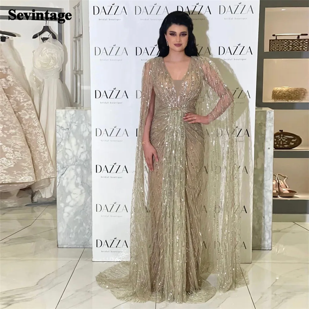 Top Trends: Sevintage Noble Saudi Arabic Prom Dresses V-Neck Formal Evening Dresses Long Cape Sleeves Sequined Women Party Gowns Event 2023 Shoppable Styles