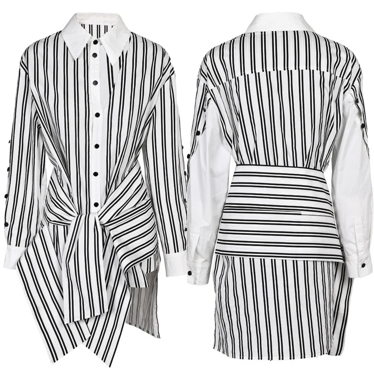 Top Trends: INS Striped Women's Shirt Dress Autumn 2024 Lace Up Designer Long Sleeves Casual Fashion Streetwear Shirt Skirt 100% Real Photo Shoppable Styles