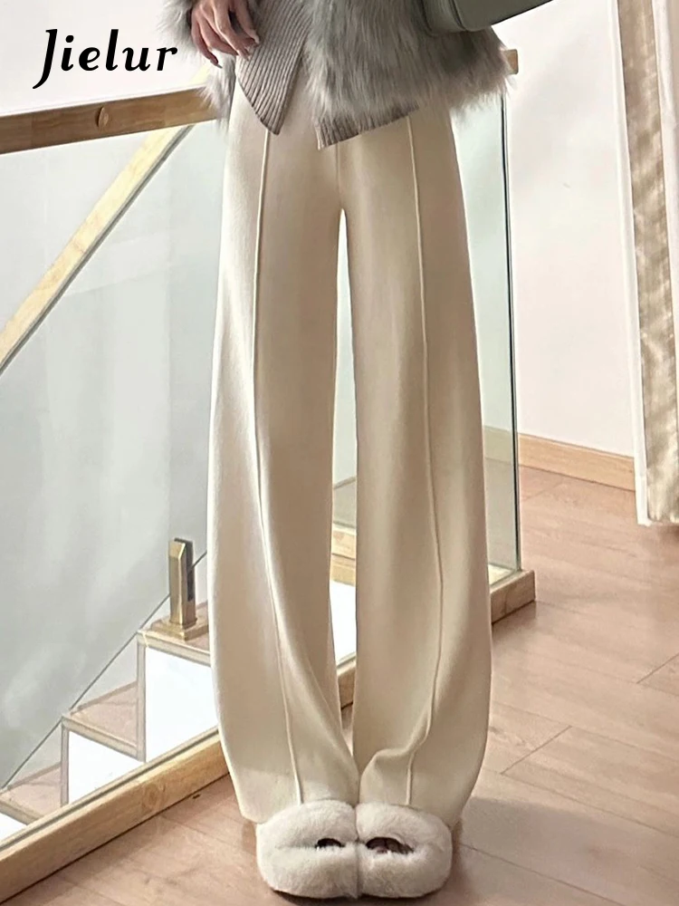 Top Trends: Jielur Off White Slim Fashion Office Lady Pants Knitted High Waist Casual Straight Solid Color Female Wide Leg Pants Streetwear Shoppable Styles