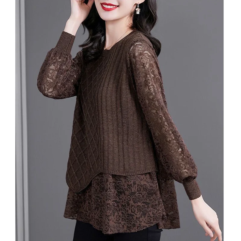 Top Trends: Elegant Hollow Out Lace Fake Two Pieces Blouse Women's Clothing 2023 Autumn New Casual Pullovers Commute Shirt Shoppable Styles