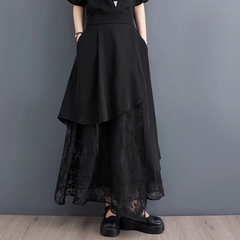 Top Trends: #3002 Black Midi Irregular Skirts Women Summer Loose Spliced Lace A-line Skirt Pockets High Waisted Gothic Skirt Korean Style Shoppable Styles