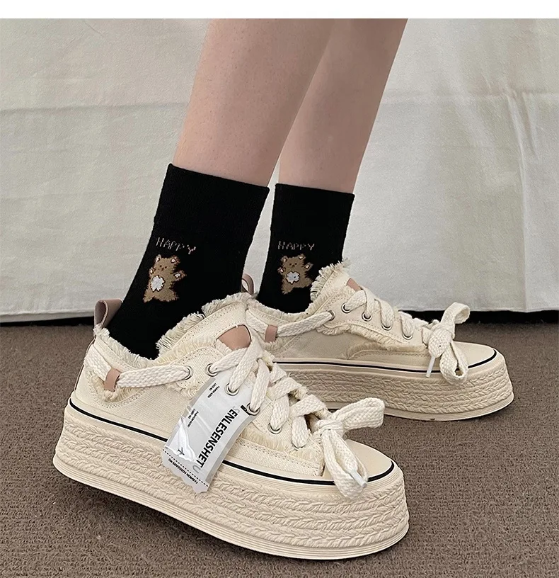 Top Trends: Spring Frayed Old Canvas Sneaker Women&#039;s Autumn Vulcanized Shoes Girls Stacked Med Heel Trainers Woman Tassel Platform Sneakers Shoppable Styles