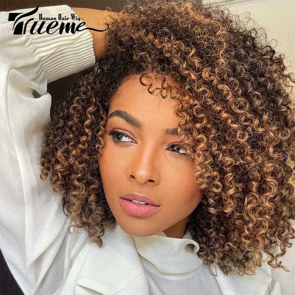 Top Trends: Trueme Afro Kinky Curly Human Hair Wigs Ombre Highlight Human Hair Wig With Bangs Colored Brazilian 4a Curly Bob Wig For Women Shoppable Styles