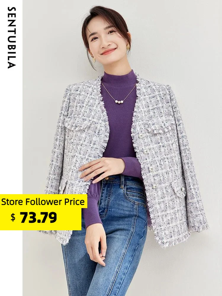 Top Trends: SENTUBILA Winter Tassel Trim Tweed Jackets For Women 2023 Elegant Outerwear Purple Plaid Straight-cut Long Sleeve Coats 133W519 Shoppable Styles