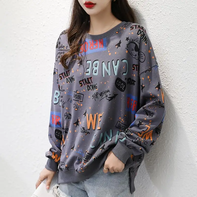 Top Trends: Classic Fashion Printing Letter Sweatshirts Women High Quality Long Sleeve Loose O-collar Slim Casual All-match Lady Thin Top Shoppable Styles