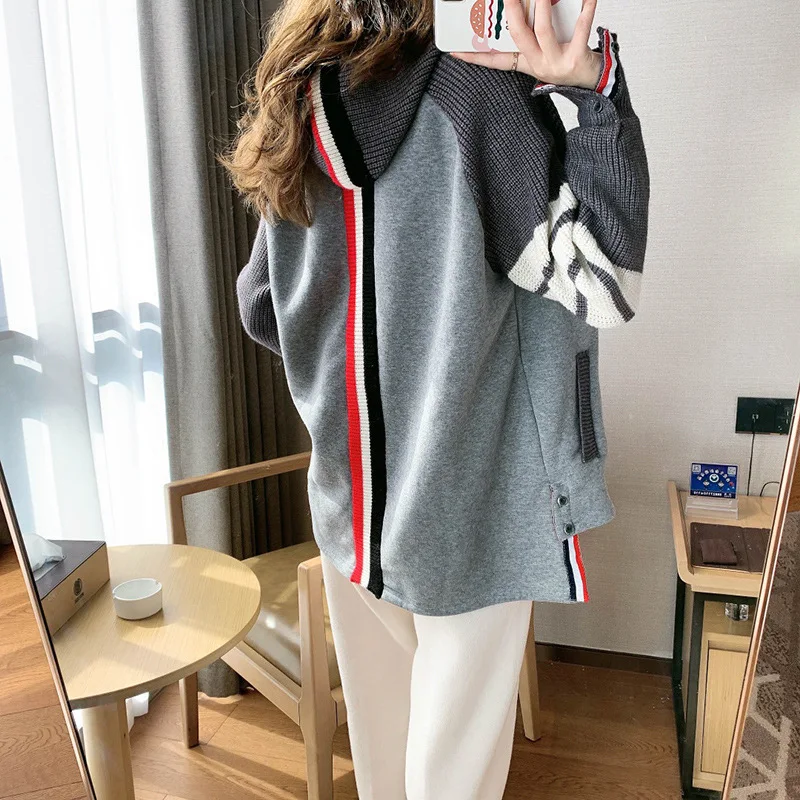 Top Trends: Korean Fashion Classic TB Style Striped Knit Cardigan Women Sweater New Autumn Grey Zipper Pocket Loose Casual Hooded Jacket Shoppable Styles