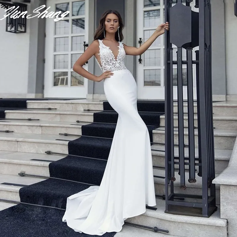 Top Trends: YunShang V-Neck Mermaid Wedding Dresses For Women Sleeveless Lace Backless Long White Bridal Gown Sweep Train Vestidos De Novia Shoppable Styles