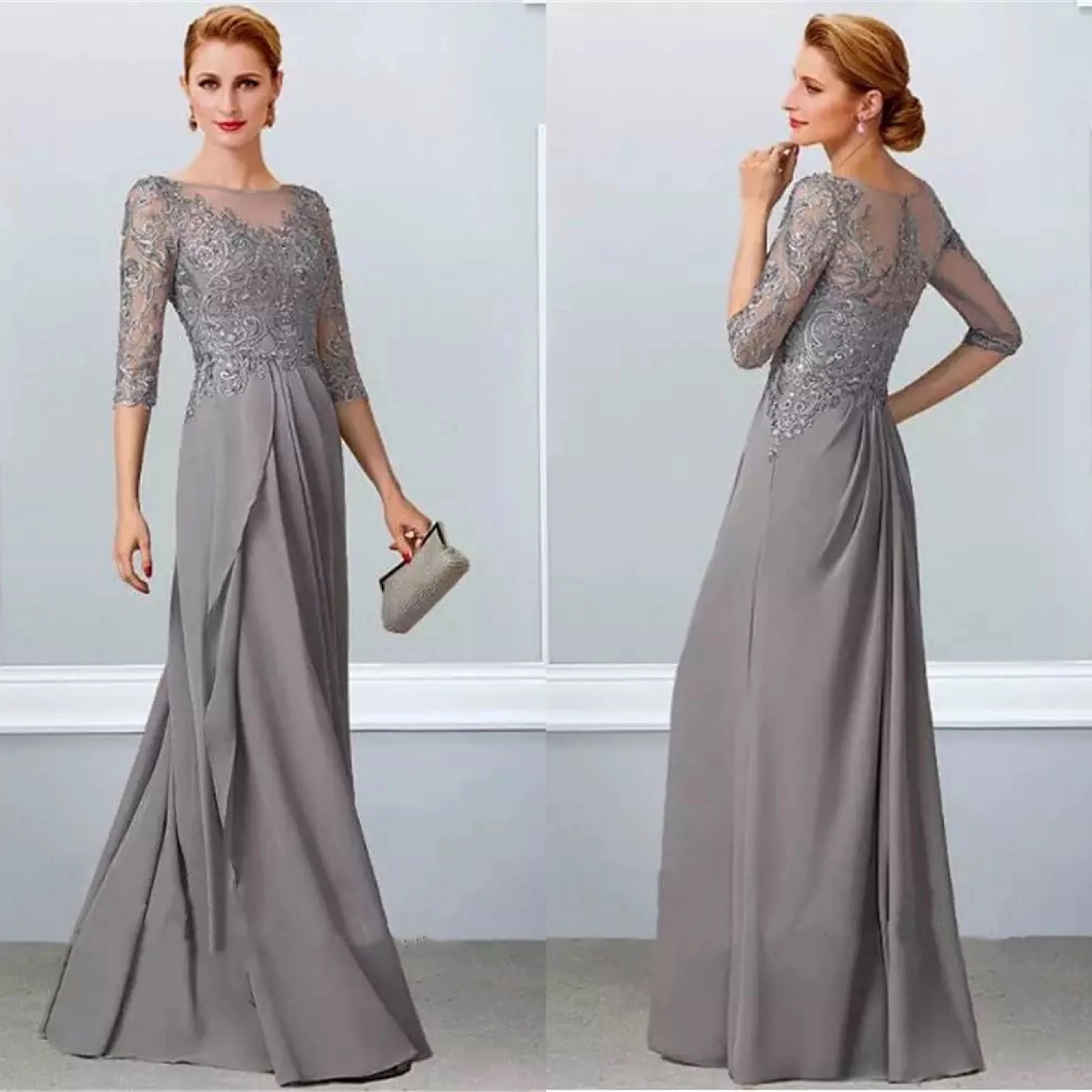 Top Trends: Grey Chiffon Lace Mother Of Bride Dresses O-Neck Half Sleeves Ruffle Wedding Wedding Banquet Mom Evening Dress Gowns Elegant New Shoppable Styles