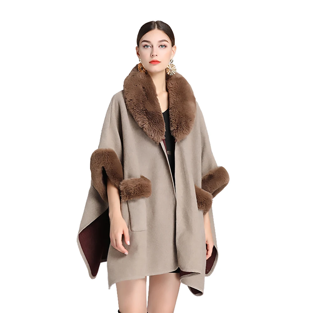 Top Trends: Women Rex Rabbit Faux Fur Shawl With Pocket Lady Cashmere Feeling Woolen Coat Winter Cardigan Wrap Luxury Warm Overcoat Cloak Shoppable Styles