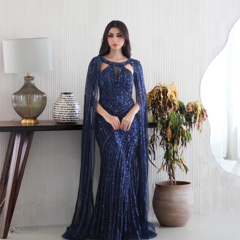 Top Trends: Sevintage Luxury Nave Blue Beading Sequined Mermaid Prom Dresses Cape Sleeves Saudi Arabic Evening Gowns Formal Occasion Dress Shoppable Styles