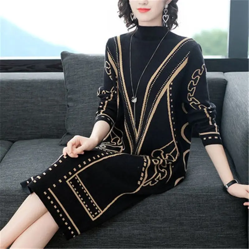 Top Trends: Autumn Winter Geometric Knitted Midi Dress Basic Vintage Half High Collar Women&#039;s Clothing Straight Casual Long Sleeve Dresses Shoppable Styles