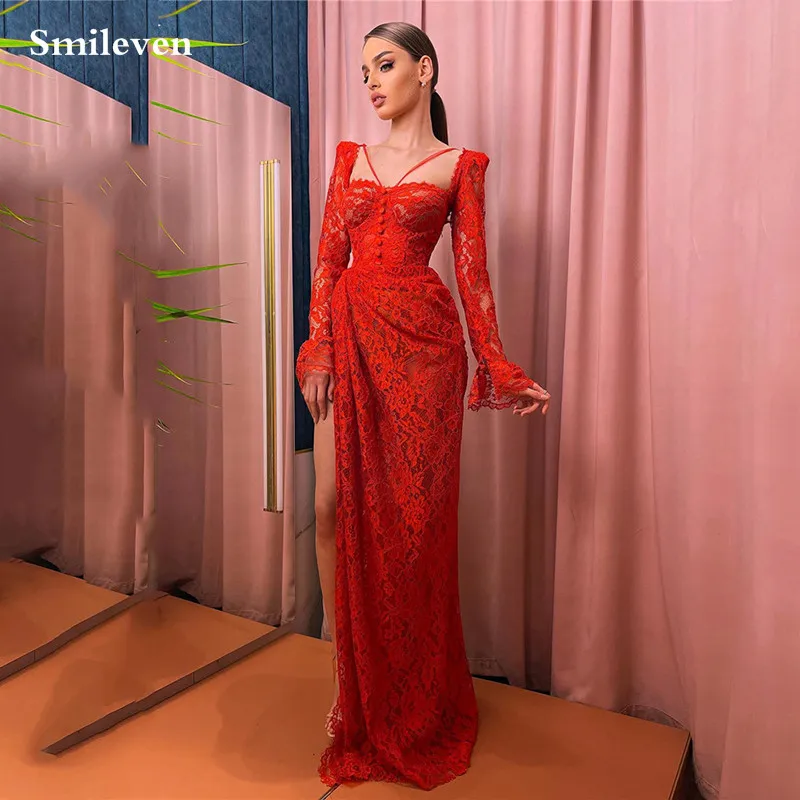 Top Trends: Smileven Red Lace Mermaid Evening Dresses Long Flare Sleeve Formal Occasion Dresses For Women Sexy Party Dress Robes De Soiré 20 Shoppable Styles