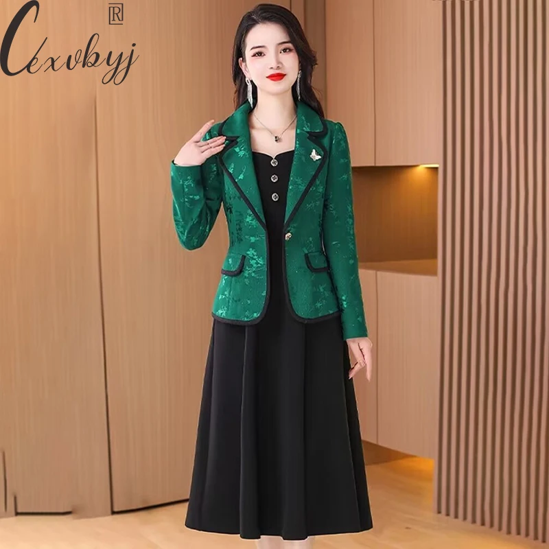 Top Trends: Spring Autumn Dress Two Peice Suit Women Print Embroidery Blazer Jacket+ Sleeveless Dress Outfits 2023 Office Lady Plus Size Set Shoppable Styles