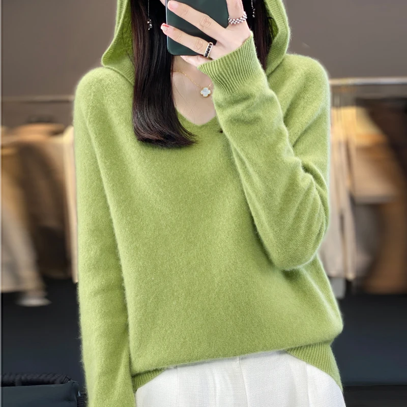 Top Trends: Spring And Autumn Cashmere Sweater Women's Hooded Korean Version Fashion Knit Hoodie Pullover Casual V-Neck Simple Seamless Top Shoppable Styles