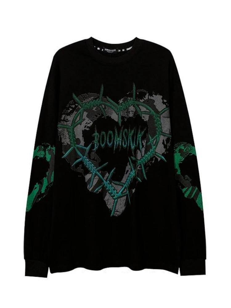 Top Trends: HOUZHOU Gothic Punk Green Print Long Sleeve T-shirts Women Grunge Oversize Harajuku Streetwear Hippie O-neck Black Top Pullover Shoppable Styles