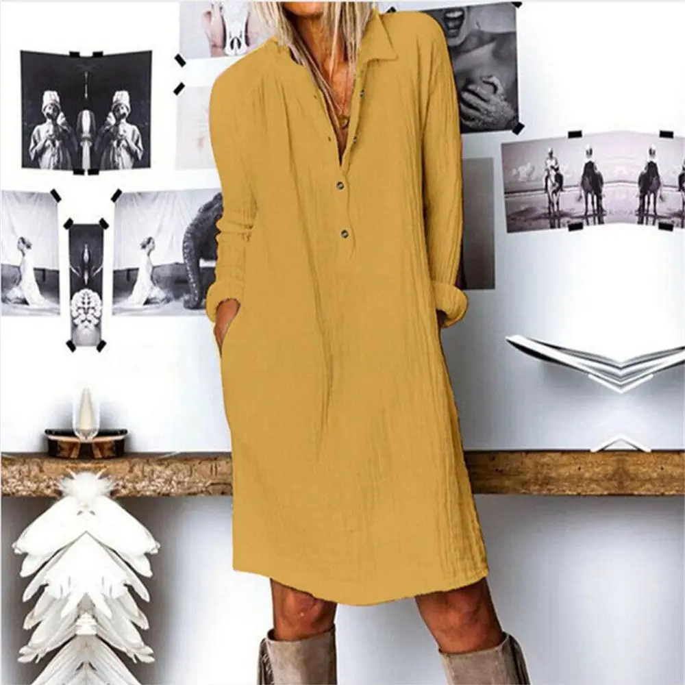 Top Trends: 2022 Autumn Women Casual Solid Color Long Sleeve Cotton Linen Tunic Dress Ladies Vintage V-Neck Button Loose Straight Mini Dress Shoppable Styles