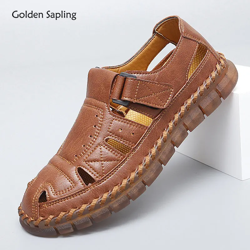 Top Trends: Golden Sapling Men&#039;s Sandals Retro Leather Beach Shoes Platform Flats Leisure Party Footwear Comfortable Summer Sandals For Men Shoppable Styles