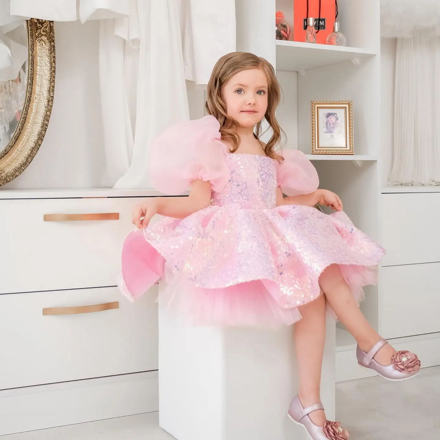 Top Trends: Pink Sequined Flower Girl Dresses Puffy Sleeve Knee Length Communion Dresses Girls Summer 2023 New Tiered платье женское Shoppable Styles