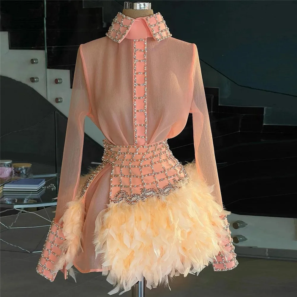 Top Trends: Pink Cocktail Dresses A-line Long Sleeves Short Mini Tulle Feather Beaded Homecoming Dresses Haute Couture Shoppable Styles