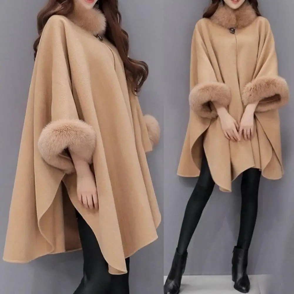 Top Trends: Ladies Cape Coat Solid Color Faux Fur Collar Autumn Winter Warm Loose Mid Length Poncho Jacket For Everyday Wear Bohemian Shawl Shoppable Styles