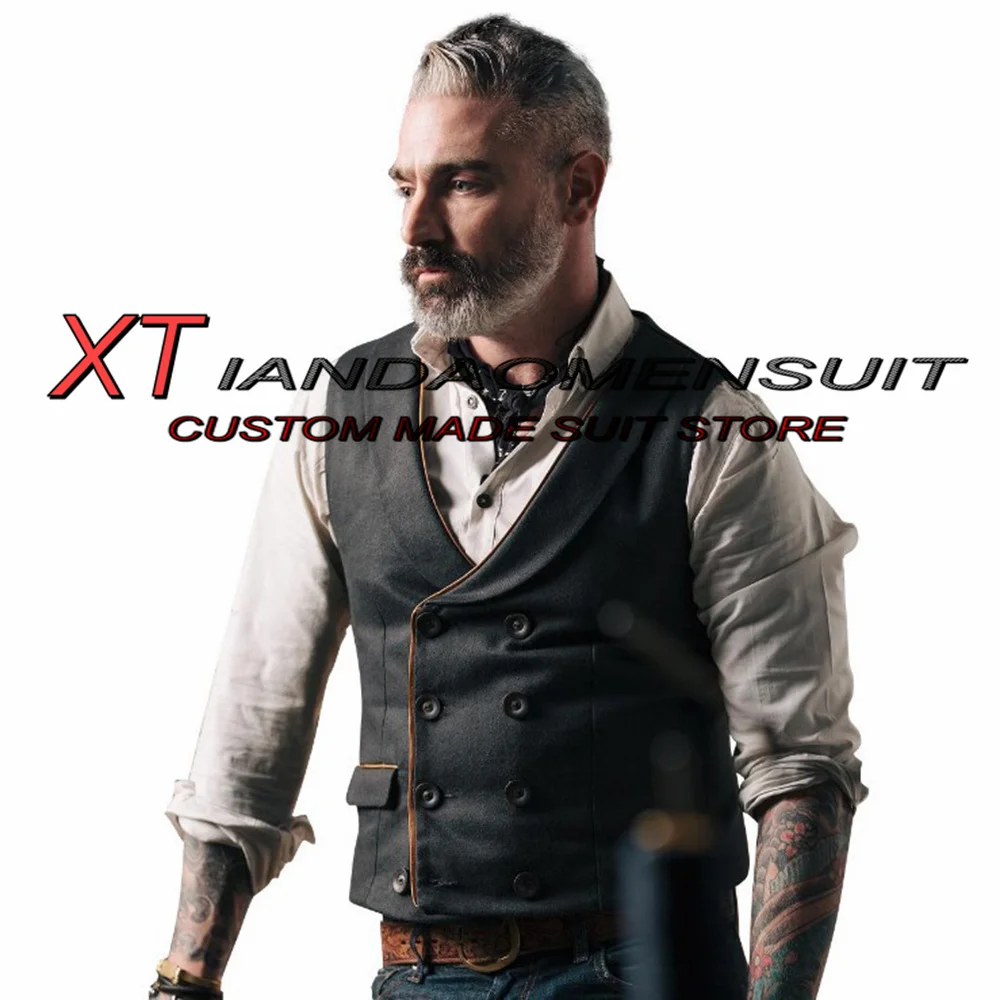 Top Trends: Men&#039;s Suit Vest Retro Slim Fit Sleeveless Jacket Lapel Double Breasted Herringbone Waistcoat Male Steampunk Shoppable Styles