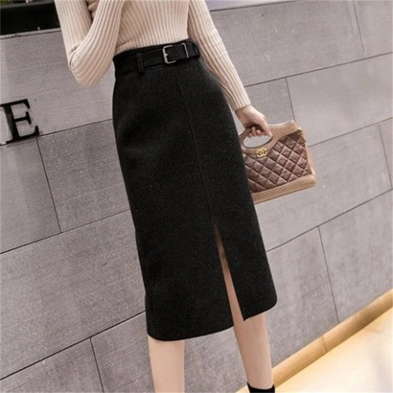 Top Trends: Elegant Winter Skirt For Women Luxury 2023 Korean Fashion Thick Warm Woolen Black Office Skirts Midi Jupes Faldas With Belt Shoppable Styles