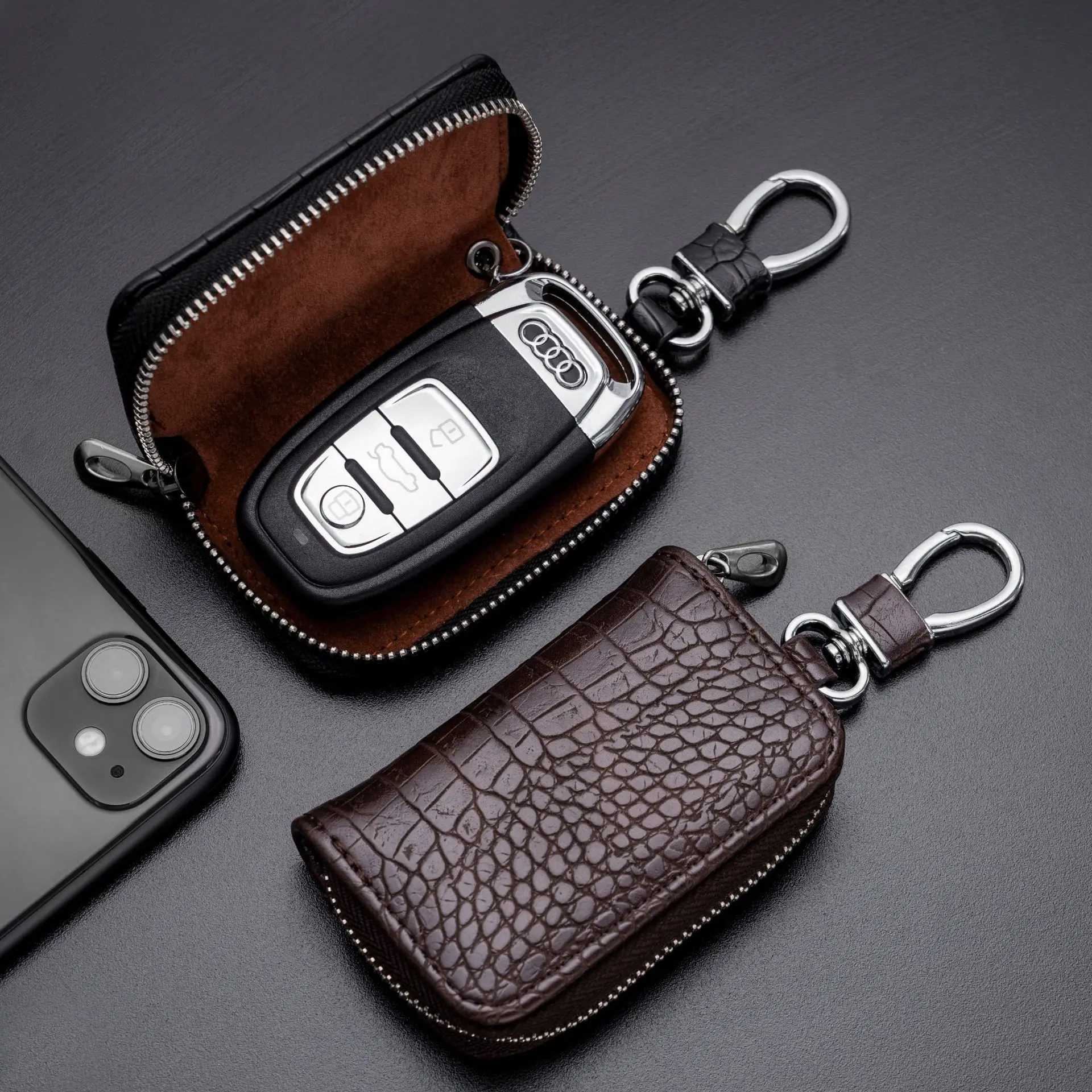 Top Trends: Fashion Leather Car Key Bag Unisex Crocodile Print Zipper Keys Housekeeper Cow Split Leather Key Organizer Case Wallet Men Shoppable Styles