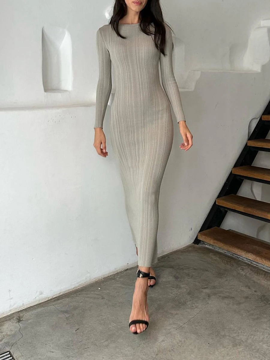 Top Trends: Women Spring Autumn Solid Color Bodycon Knit Dress Long Sleeve Crew Neck Ribbed Dress Slim Fit Long Dress Shoppable Styles