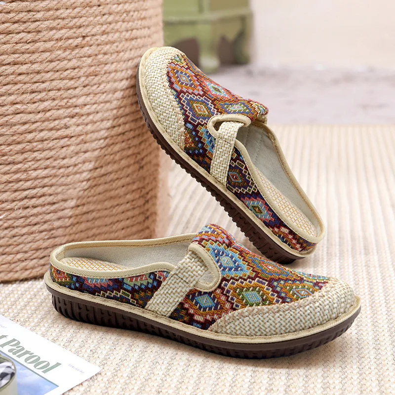 Top Trends: Women Slipper Ethnic Embroidery Summer Flat Shoe Linen Wedge Cloth Shoes Soft Sole Walking Elderly Sandal Ladies Slip-on Muller Shoppable Styles