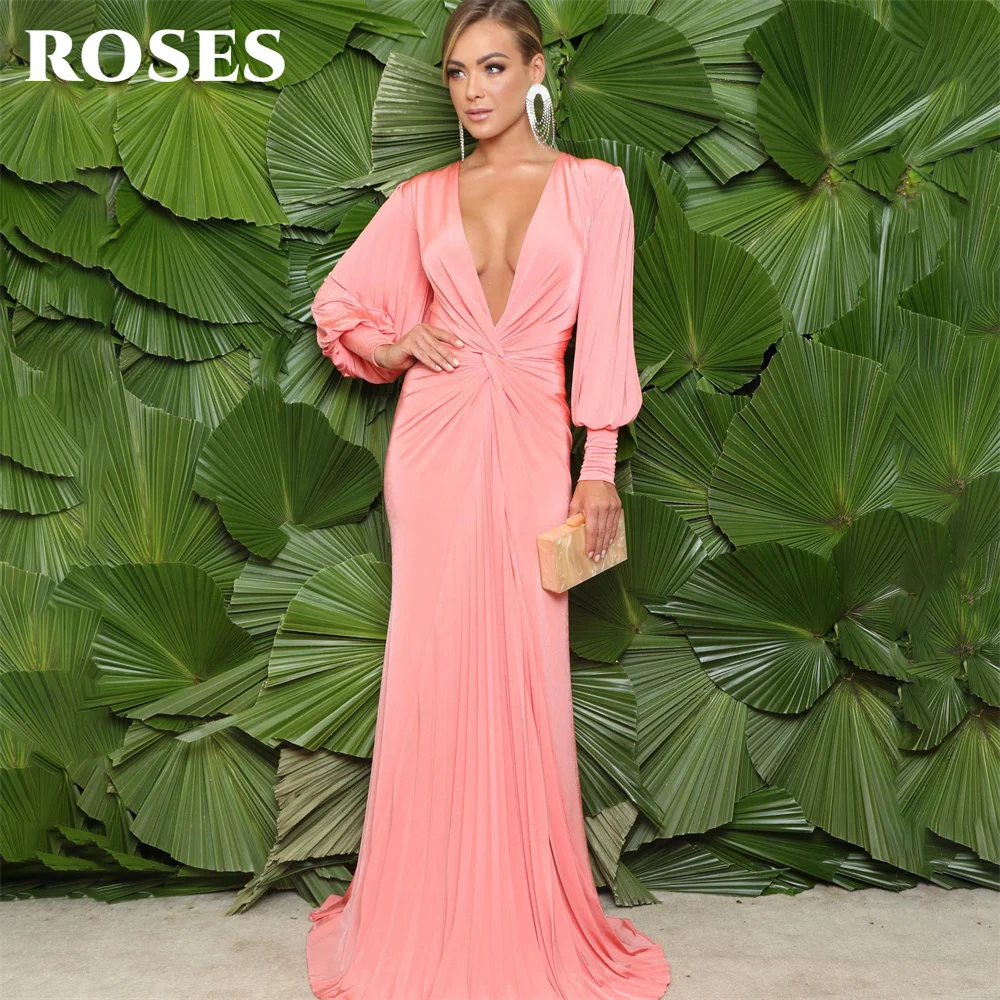 Top Trends: ROSES Mermaid Sexy Prom Dress Soft Stain Celebrity Dresses Women's Evening Dress Pleat Pink Formal Gown With Long Sleeves 프롬 드레스 Shoppable Styles