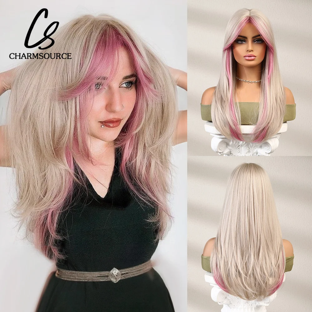 Top Trends: ChramSource Mixed Light Blonde And Pink Wig Long Wavy Wigs With Bangs For Women Synthetic Wig Cosplay Daily Heat Resistant Hair Shoppable Styles