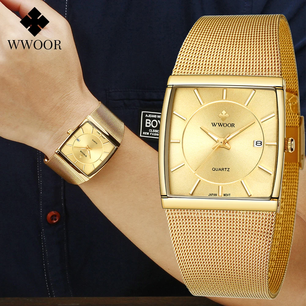 Top Trends: WWOOR Brand Luxury Gold Ultra Thin Quartz Watches For Men Fashion Square Mens Watch Steel Mesh Band Waterproof Date Wrist Watch Shoppable Styles