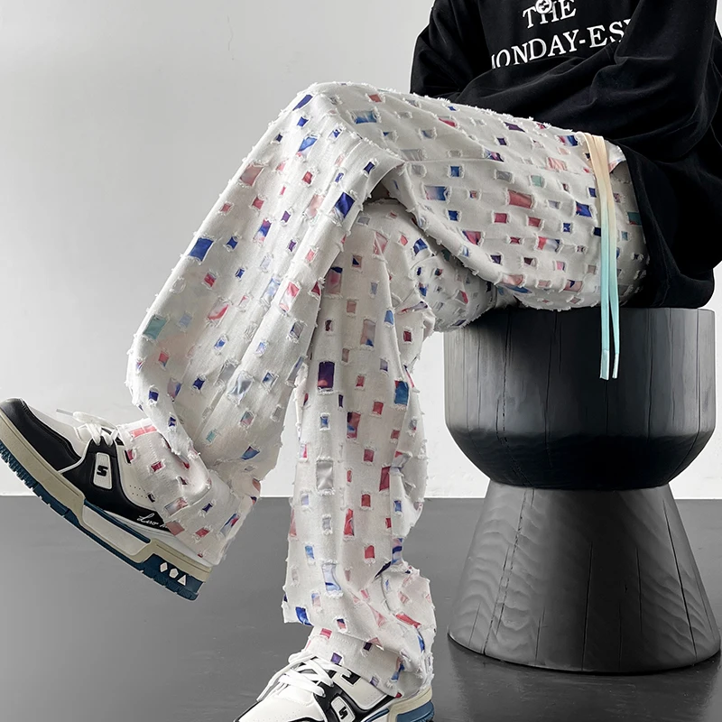 Top Trends: Black White Hollow Out Pants Men Fashion Color Plaid Pants Men Streetwear Hip-hop Loose Straight Pants Mens Torn Patch Trousers Shoppable Styles