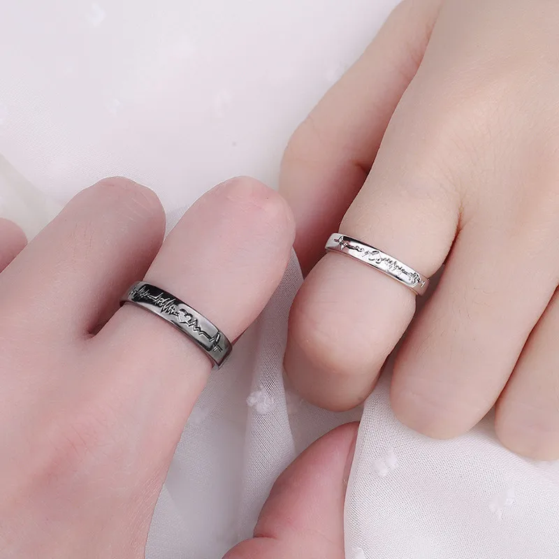 Top Trends: 2Pcs / set Romantic Couple Rings For Women Men Punk Heart ECG Black White Forever Love Promise Wedding Ring Valentine'S Day Gift Shoppable Styles - Image 6