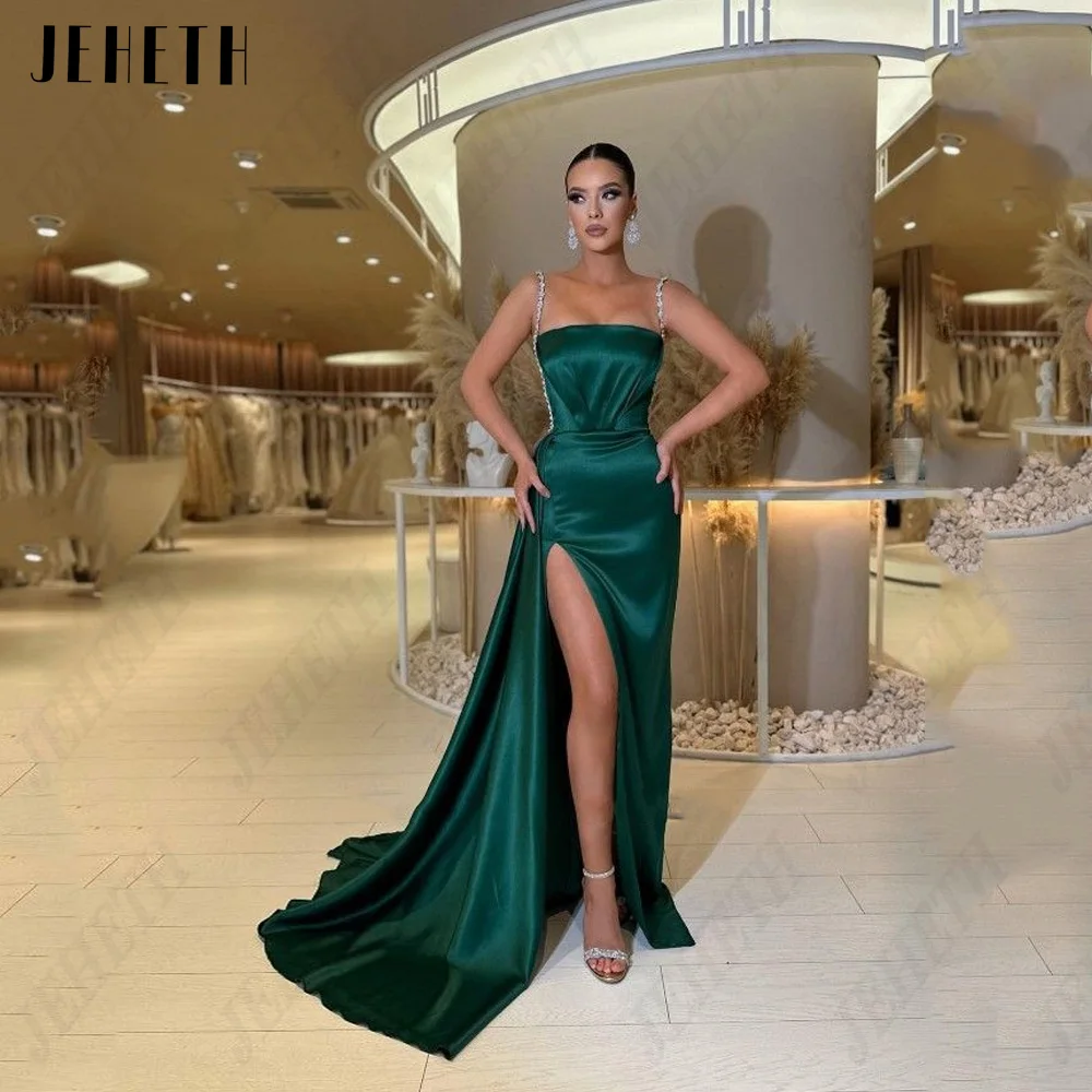 Top Trends: JEHETH Modern Green Spaghetti Straps Prom Gowns Square Collor Neck Satin Mermaid Evening Gowns Side Split Vestidos De Noche Shoppable Styles