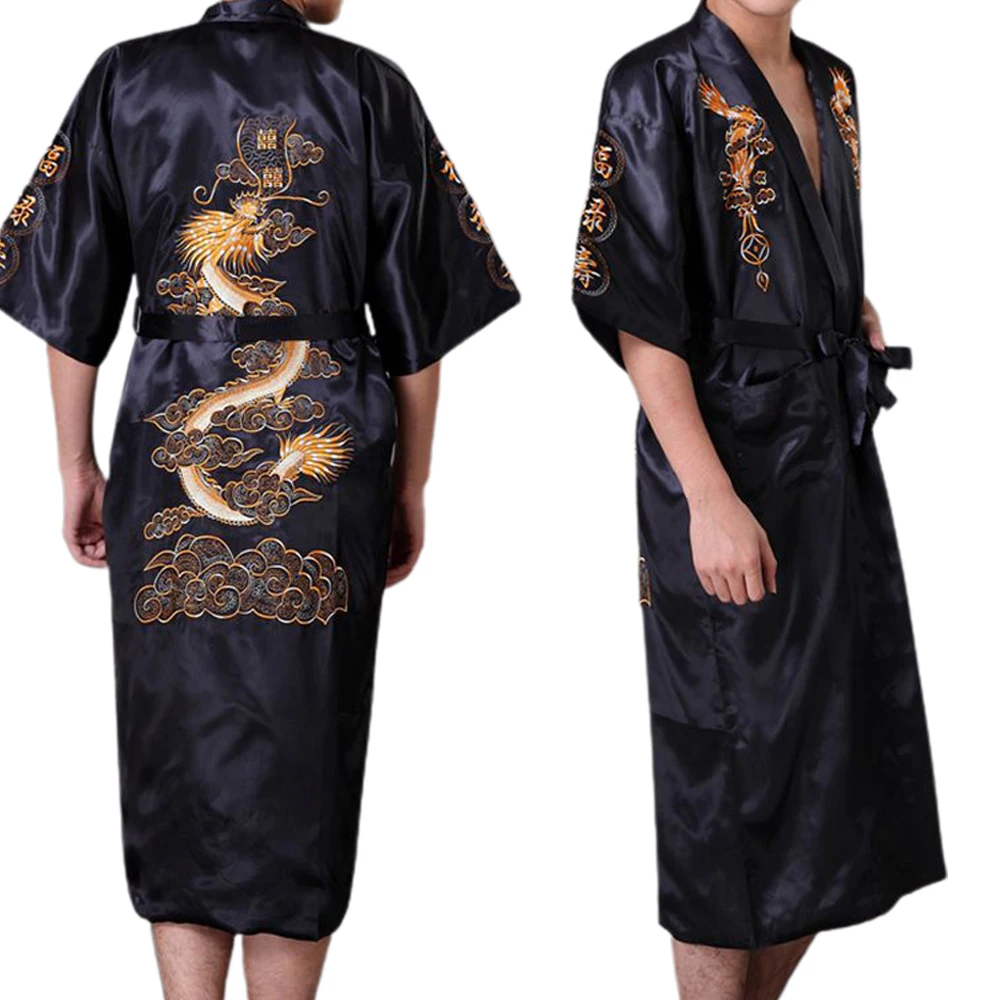 Top Trends: Chinese Style Men's Satin Bath Robe, Dragon Design, Silk Pajamas Sleepwear, M 2XL, Navy Blue / Red / White / Black / Blue Shoppable Styles