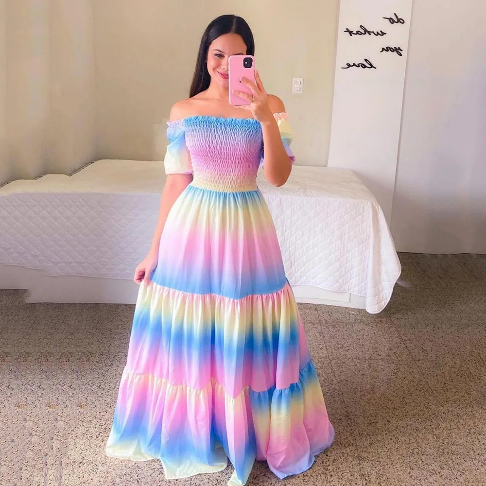 Top Trends: Fashion Womens Rainbow Long Dress Sexy Off Shoulder A-line Floral Printed Maxi Dresses Boho Retro Party Evening Vestidos Female Shoppable Styles