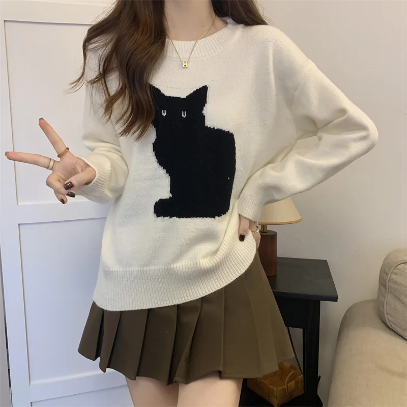 Top Trends: Women‘s Sweater Cute Cartoon Cat Pullover Autumn Winter Outwear Baggy Vintage Knitted Top Fashion Streetwear Female Y2k Clothes Shoppable Styles