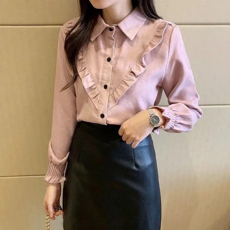 Top Trends: Solid Thin Sweet Blouses Ruffles Patchwork Button Turn-down Collar Pleated Vintage Temperament Autumn Winter Women's Clothing Shoppable Styles - Image 5