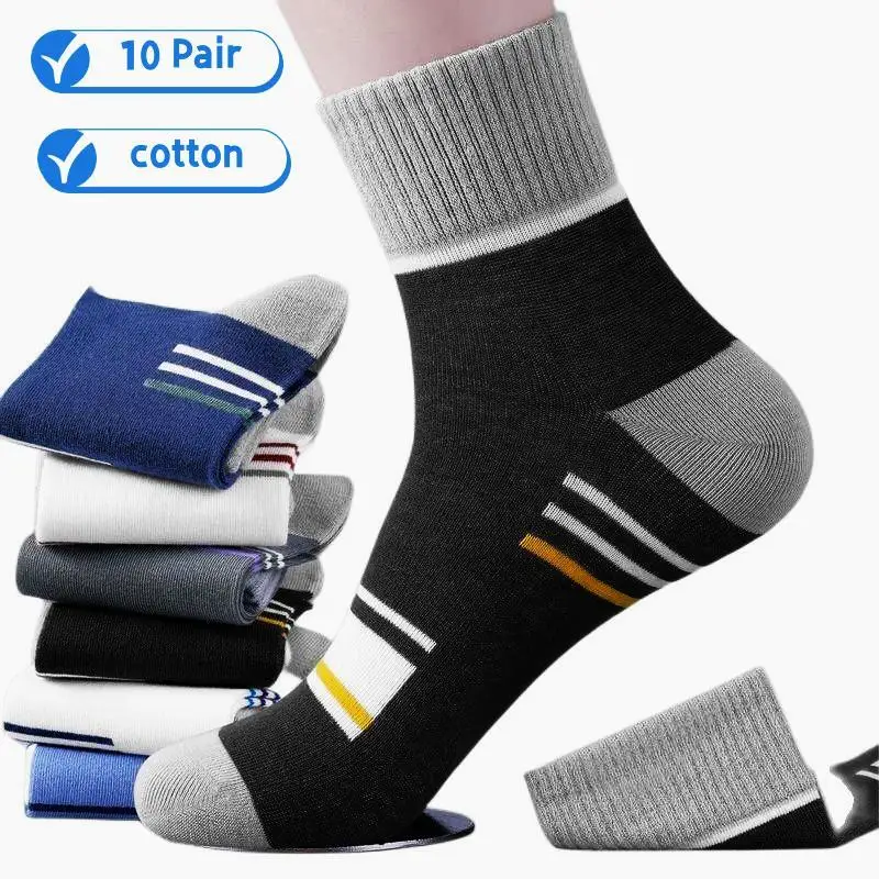 Top Trends: 10 Pairs Men'S Pure Cotton Socks Fashion Casual Striped Wear-Resistant Breathable Sports Socks Big Size Business Socks For Men Shoppable Styles