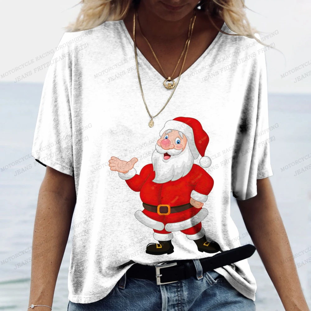 Top Trends: Santa Claus Print T Shirt For Women Christmas Harajuku Clothing Fashion V-neck Short Sleeve Tops New Year Party Female T-Shirts Shoppable Styles - Image 3