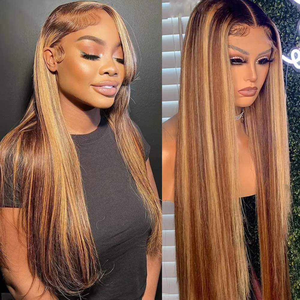 Top Trends: Highlight Wig Human Hair Ombre Honey Blonde 4 / 27 Colored Lace Front Wigs For Women Pre Plucked Bone Straight HD Lace Frontal Wig Shoppable Styles